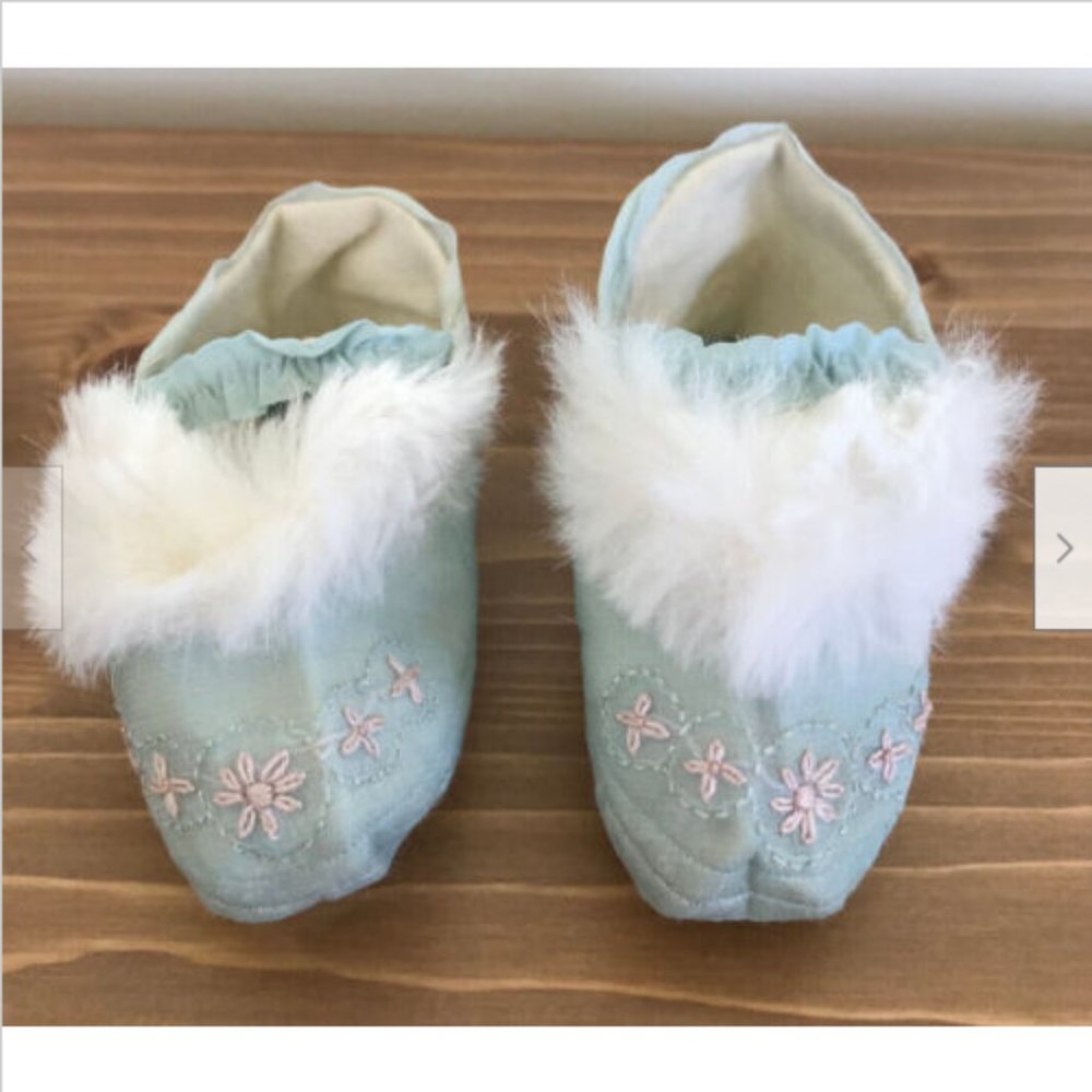 Antique Delicate Blue Silk Baby Booties w/ White Rabbit Fur & Embroidery